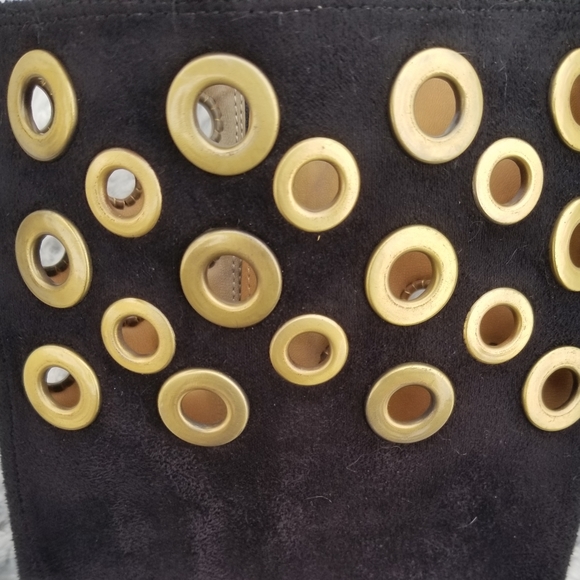 Vegan suede black boots with gold-ring hardware. - Picture 5 of 6